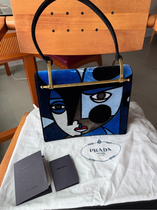Prada Handbags - Prada Blue and Black Velvet Shoulder Bag with Abstract Face Motif